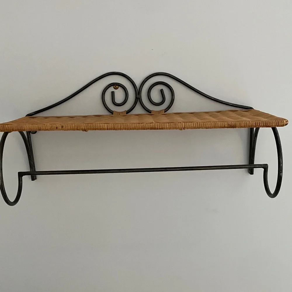 Wrought Iron and Wicker Wall Shelf With Hanging Bar, Ready To Hang